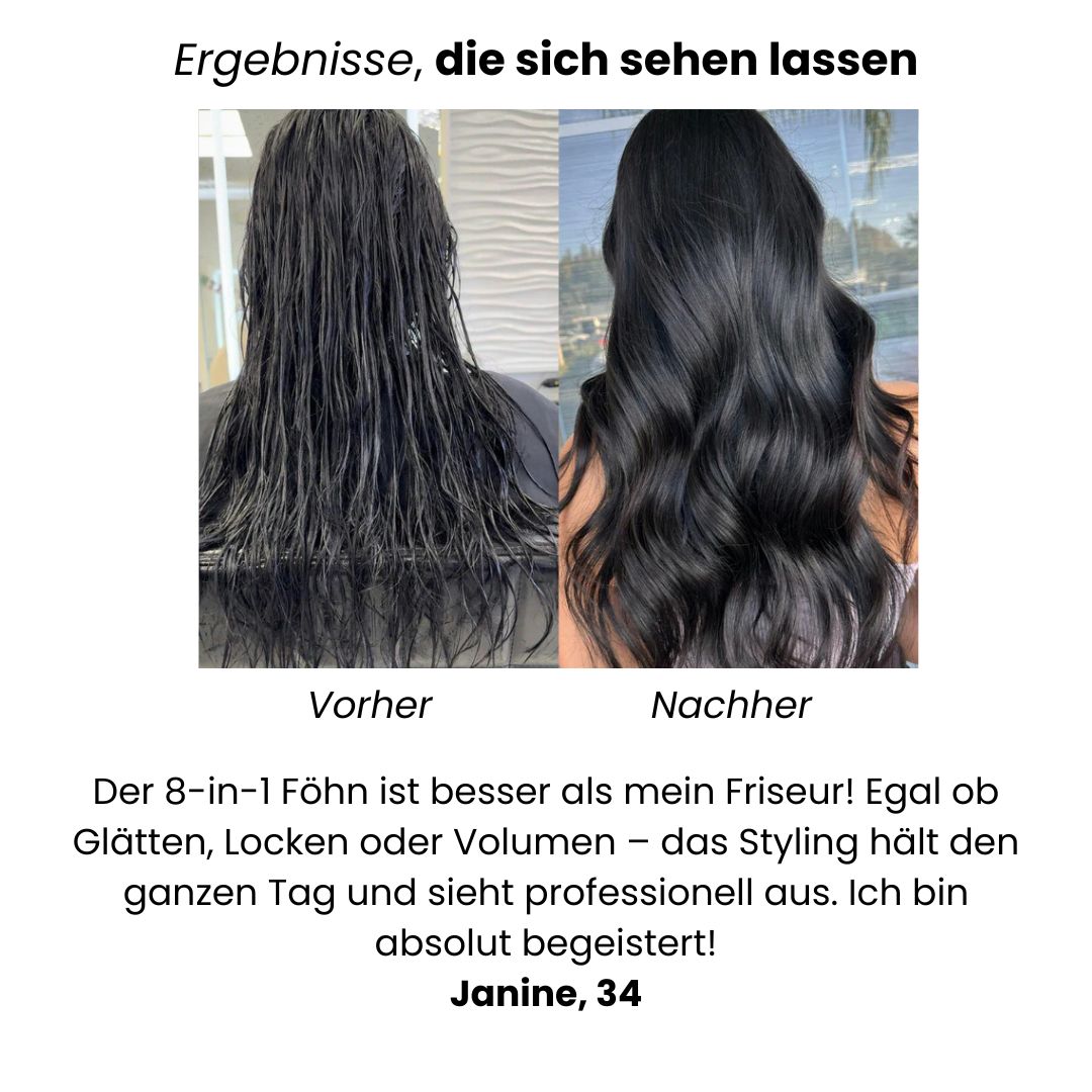 Hibella 8in1 Haarstyler: Locken, Glätten, Föhnen + 8 Aufsätze